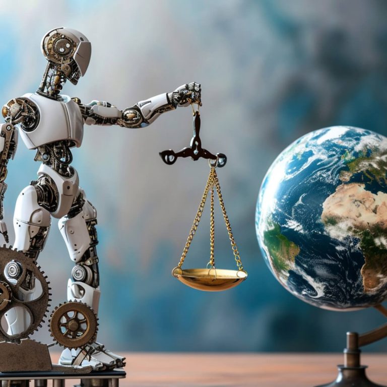 Imagem de um robô segurando uma balança da justiça em frente a um globo terrestre.