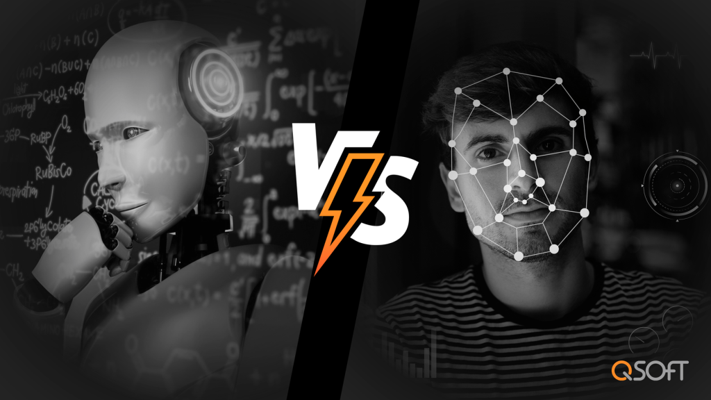Montagem com um robô pensativo de um lado e um rosto humano com reconhecimento facial do outro, separados por um “VS”, destacando o contraste entre ficção científica e aplicações reais de inteligência artificial, com a marca QSOFT.