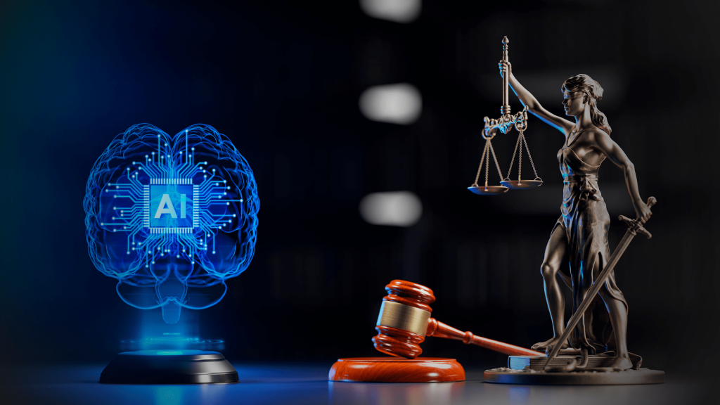 Representação simbólica da inteligência artificial ao lado de uma estátua da justiça e um martelo de juiz, ilustrando o debate sobre leis, ética e regulação de tecnologias de IA.