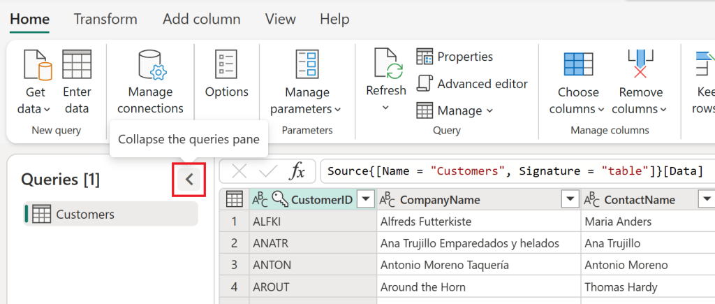 Captura de tela do Power Query, uma ferramenta do Power BI usada para transformar e manipular dados. A imagem exibe a interface principal do Power Query, com a área de consultas ("Queries") destacada à esquerda e uma tabela de dados sendo exibida à direita. A seta destacada em vermelho indica a opção para "Recolher o painel de consultas", que permite minimizar essa seção e ganhar mais espaço para visualização dos dados.